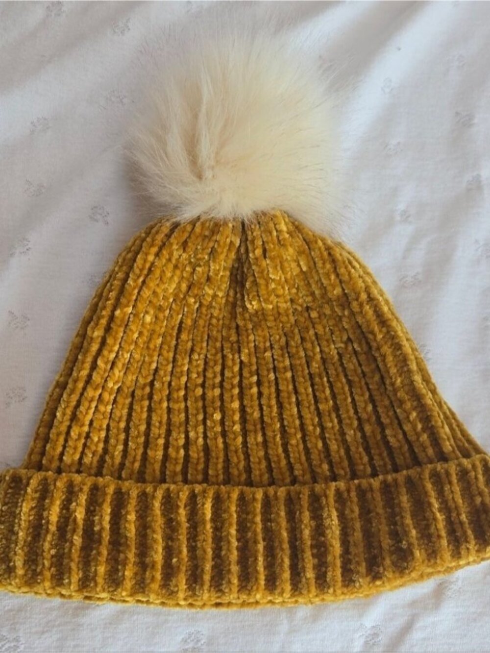 LOFT Mustard Gold Knit Beanie with Cream Pom Pom